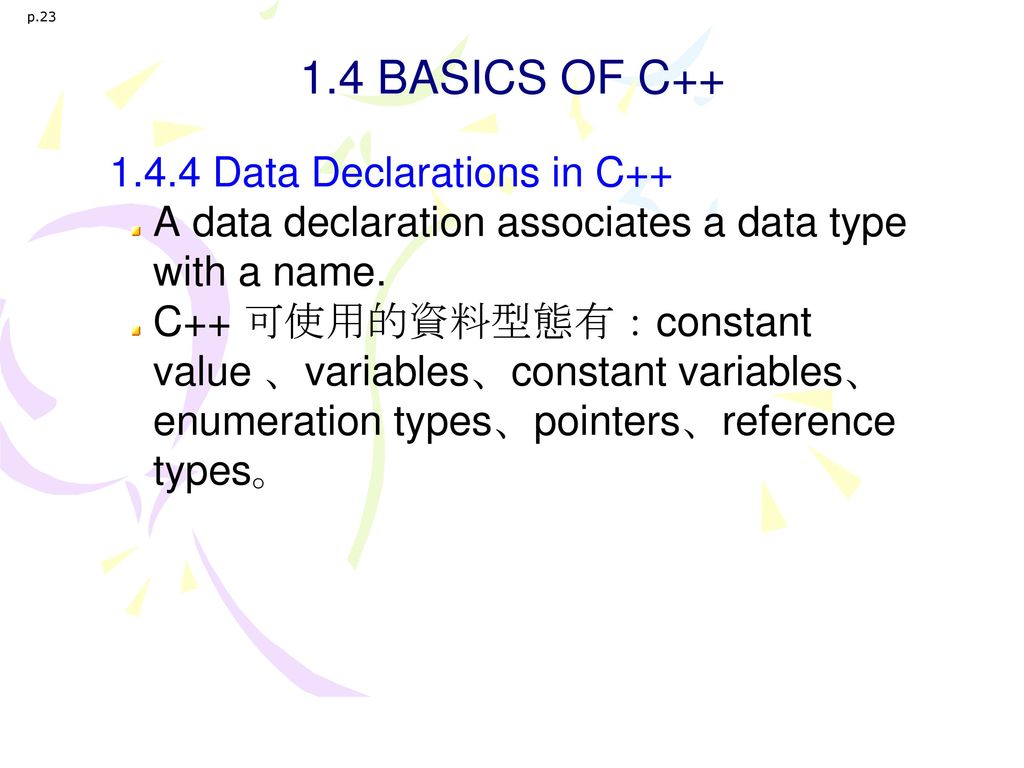1.4 BASICS OF C Data Declarations in C++