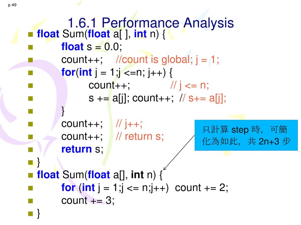 1.6.1 Performance Analysis float Sum(float a[ ], int n) {