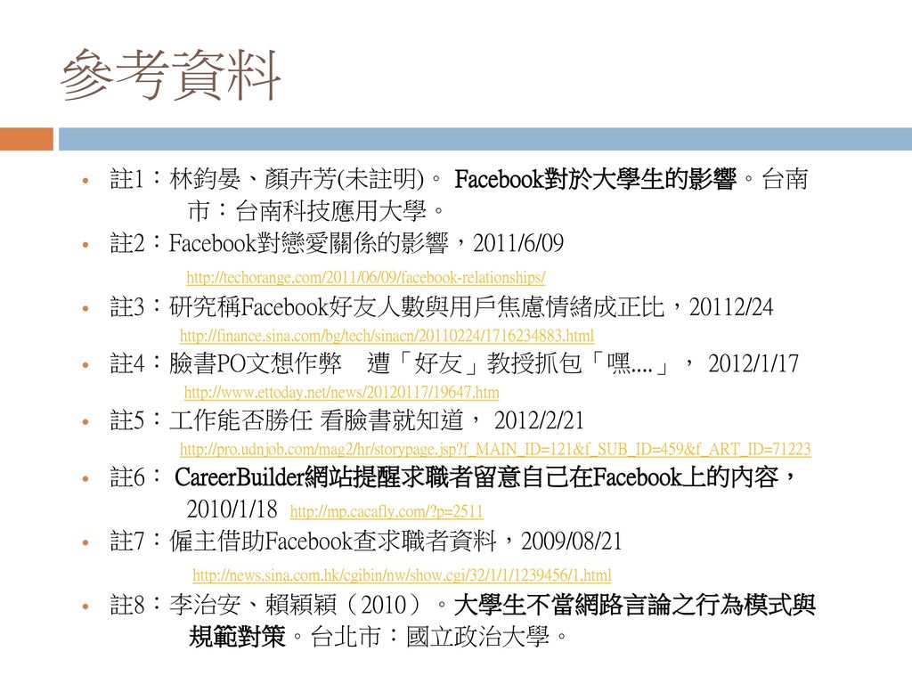 參考資料 註1：林鈞晏、顏卉芳(未註明)。 Facebook對於大學生的影響。台南 市：台南科技應用大學。