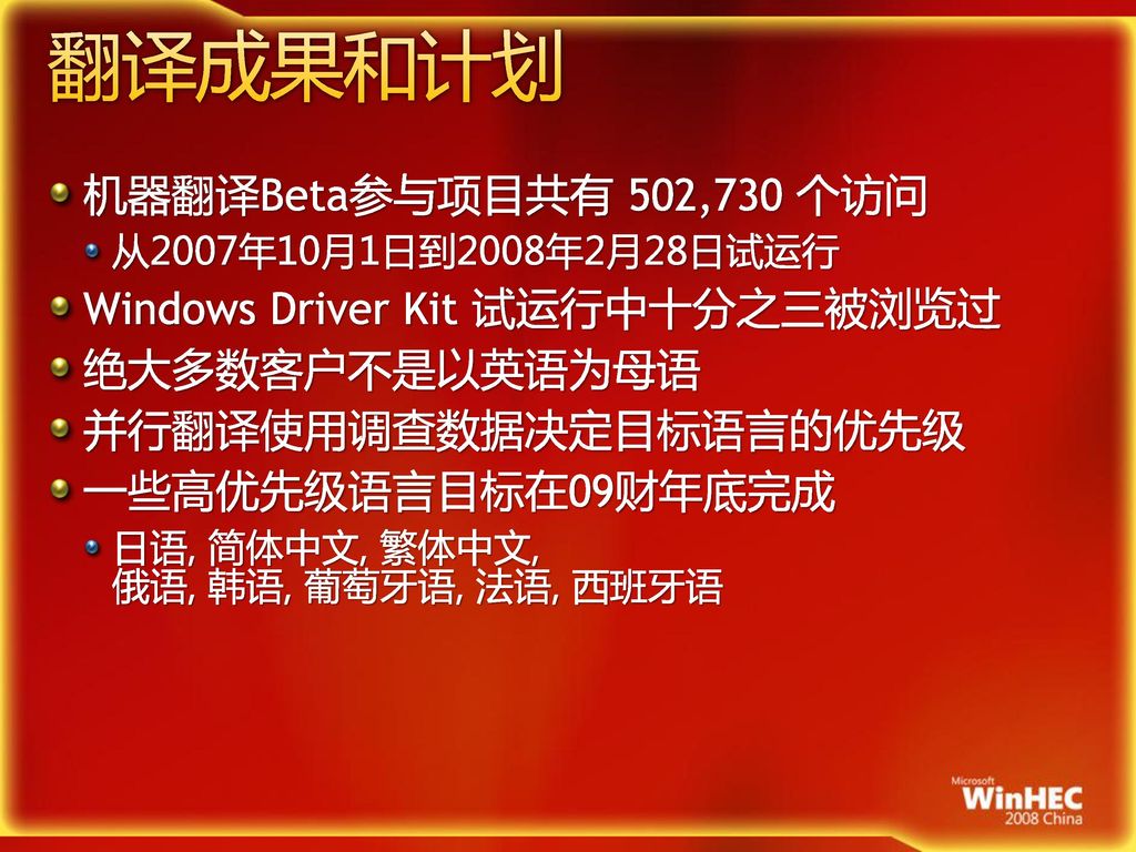 翻译成果和计划 机器翻译Beta参与项目共有 502,730 个访问 Windows Driver Kit 试运行中十分之三被浏览过
