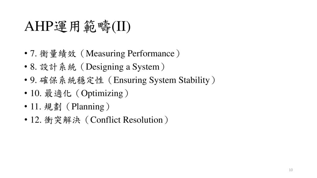 AHP運用範疇(II) 7. 衡量績效（Measuring Performance） 8. 設計系統（Designing a System）