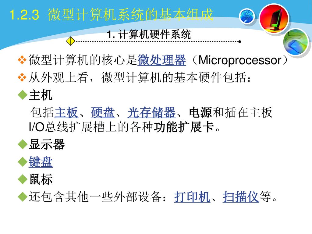 1.2.3 微型计算机系统的基本组成 微型计算机的核心是微处理器（Microprocessor） 从外观上看，微型计算机的基本硬件包括：