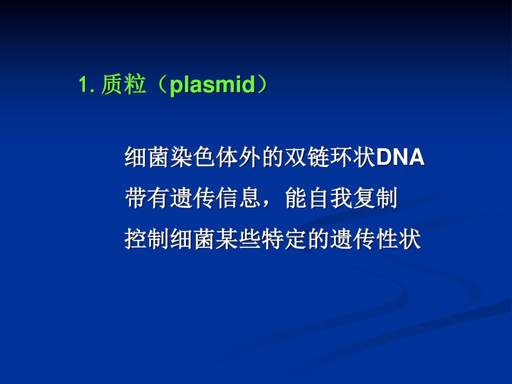 1.质粒（plasmid） 细菌染色体外的双链环状DNA 带有遗传信息，能自我复制 控制细菌某些特定的遗传性状