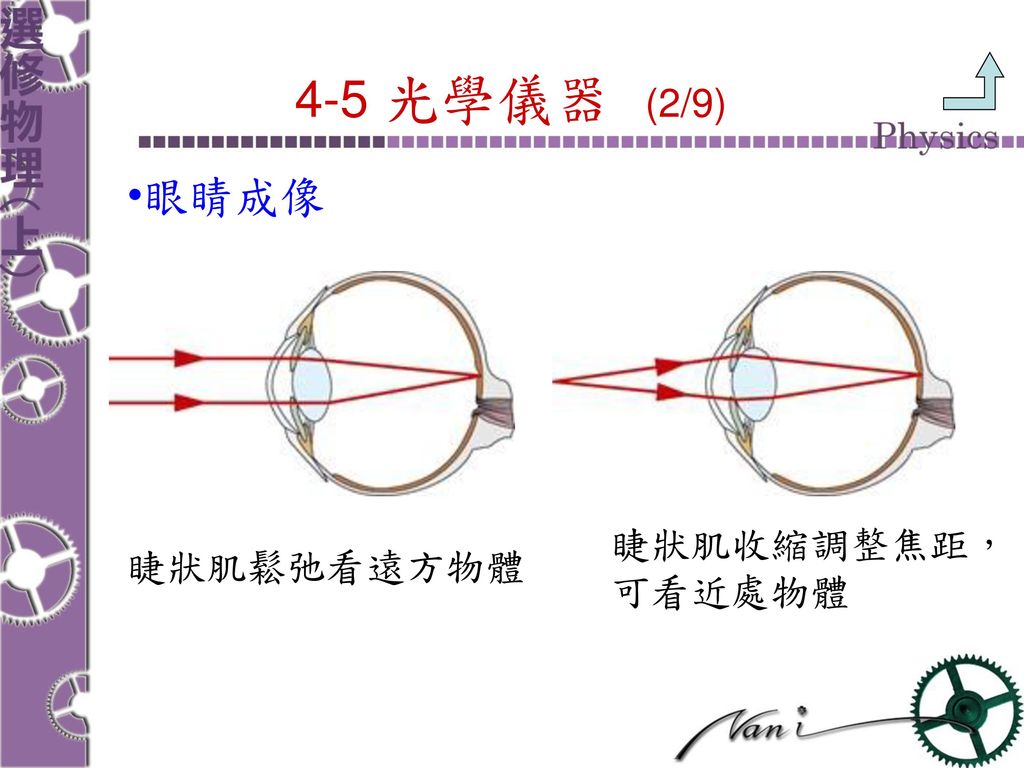 4-5 光學儀器 (2/9) 眼睛成像 睫狀肌收縮調整焦距， 可看近處物體 睫狀肌鬆弛看遠方物體