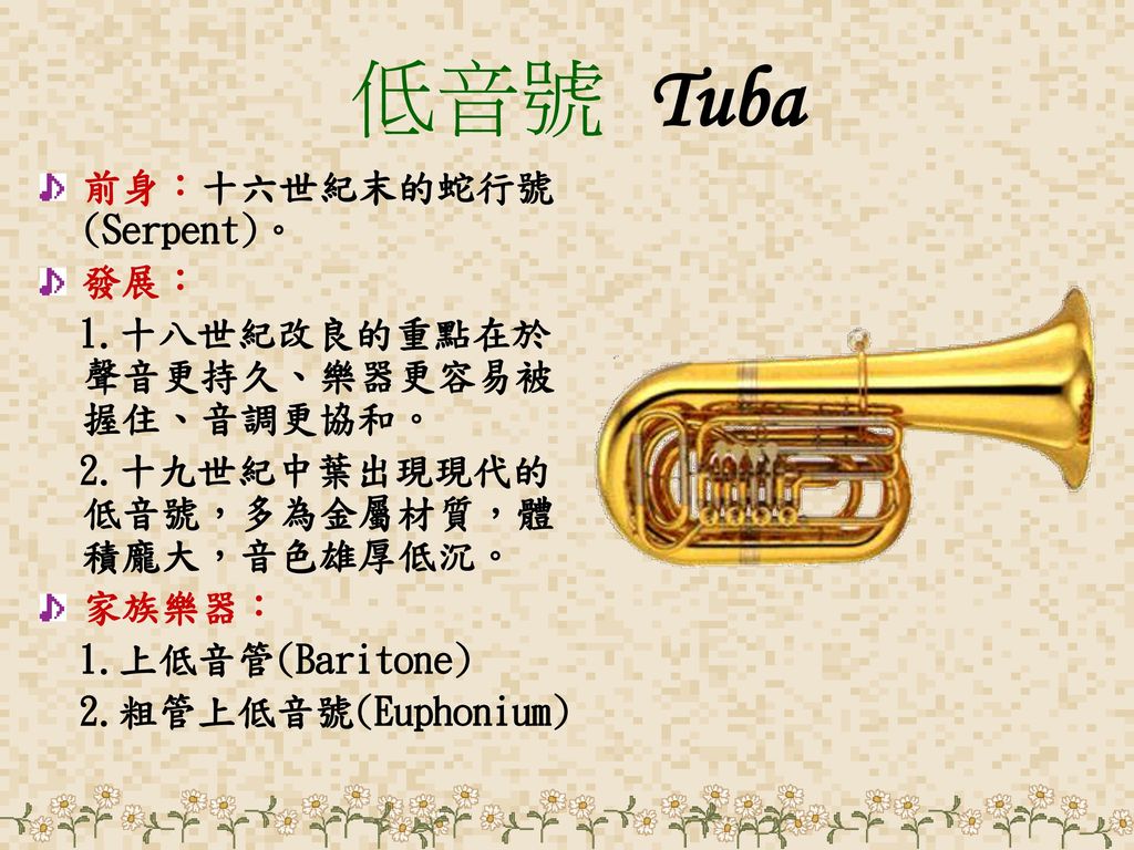 低音號 Tuba 前身：十六世紀末的蛇行號(Serpent)。 發展： 1.十八世紀改良的重點在於聲音更持久、樂器更容易被握住、音調更協和。