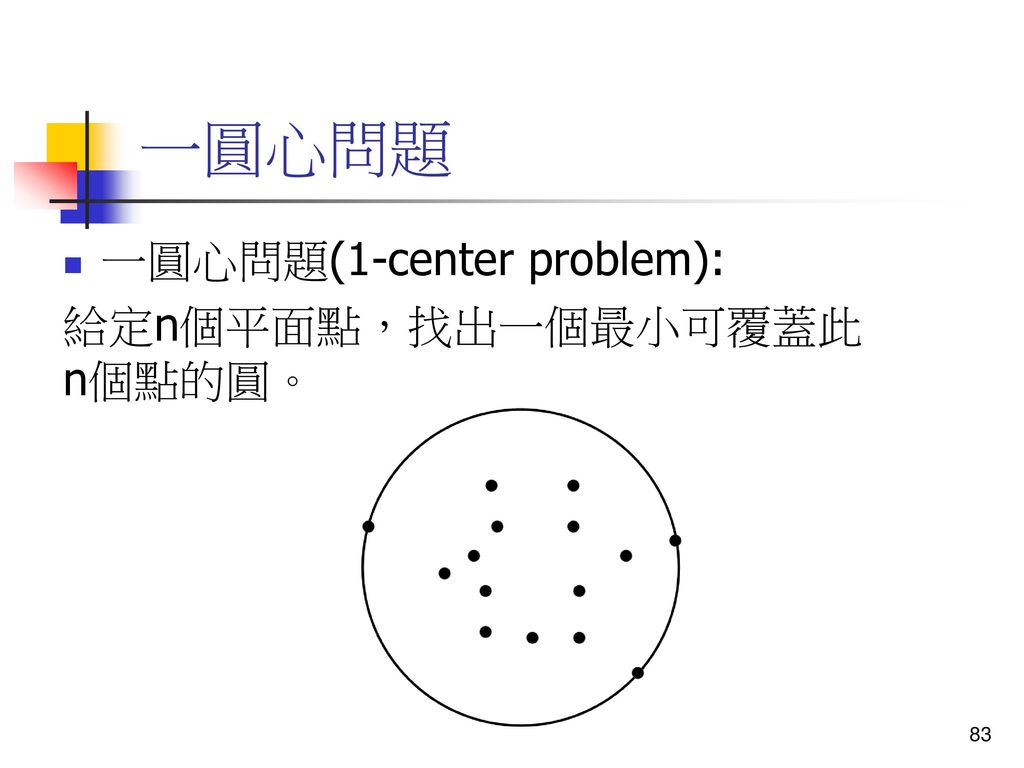 一圓心問題 一圓心問題(1-center problem): 給定n個平面點，找出一個最小可覆蓋此n個點的圓。