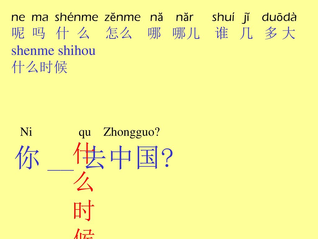 ne ma shénme zĕnme nă năr shuí jĭ duōdà 呢 吗 什 么 怎么 哪 哪儿 谁 几 多 大 shenme shihou 什么时候