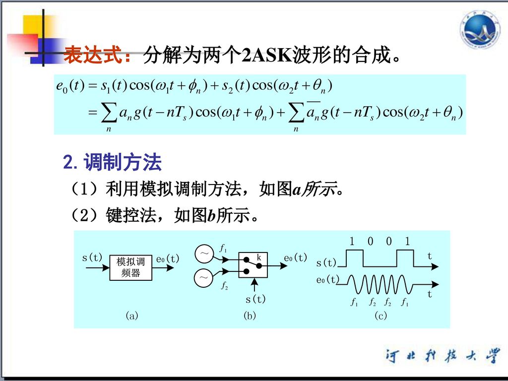 表达式：分解为两个2ASK波形的合成。 2.调制方法 （1）利用模拟调制方法，如图a所示。 （2）键控法，如图b所示。