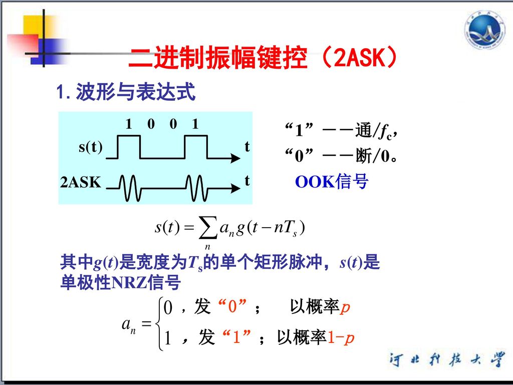 二进制振幅键控（2ASK） 1.波形与表达式 1 －－通/fc， 0 －－断/0。 OOK信号