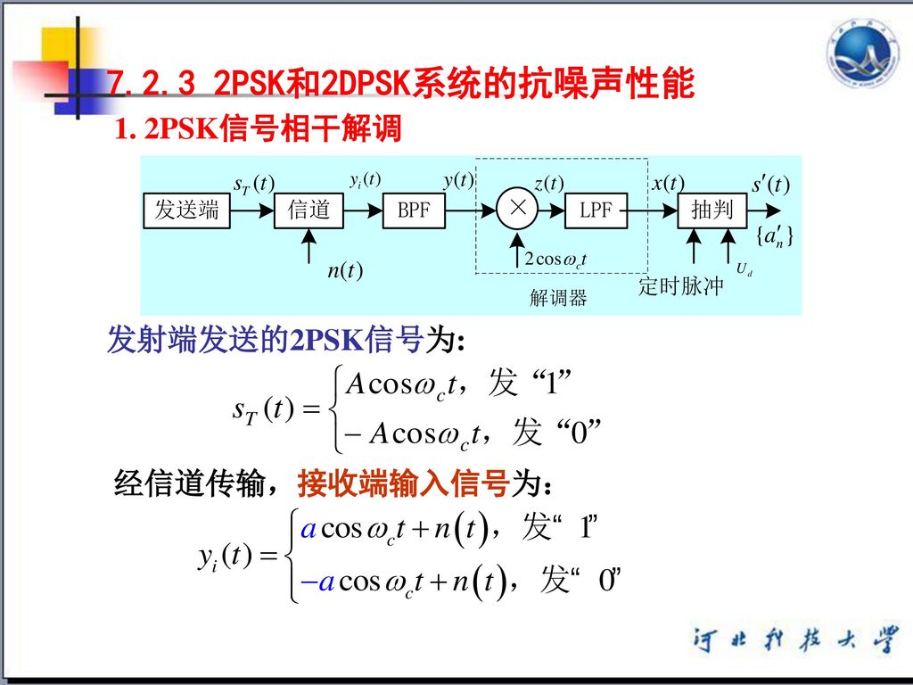 PSK和2DPSK系统的抗噪声性能 1. 2PSK信号相干解调 发射端发送的2PSK信号为: 经信道传输，接收端输入信号为：