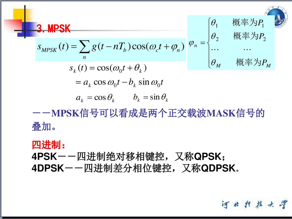 3.MPSK －－MPSK信号可以看成是两个正交载波MASK信号的叠加。 四进制：