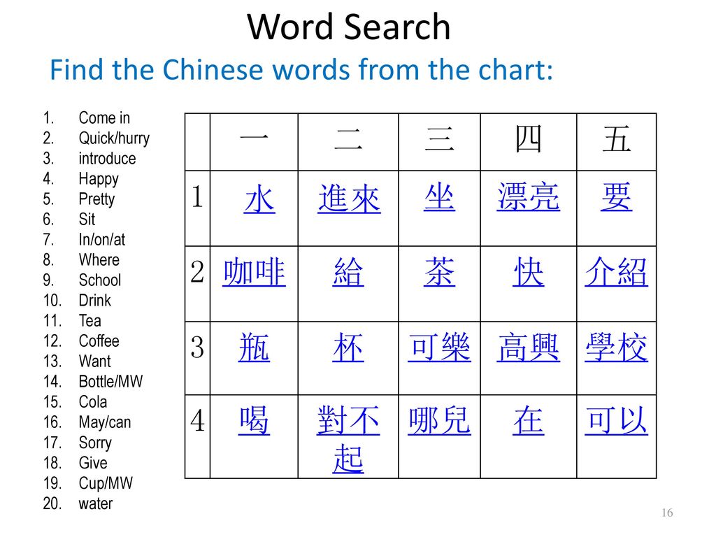 Word Search Find the Chinese words from the chart: