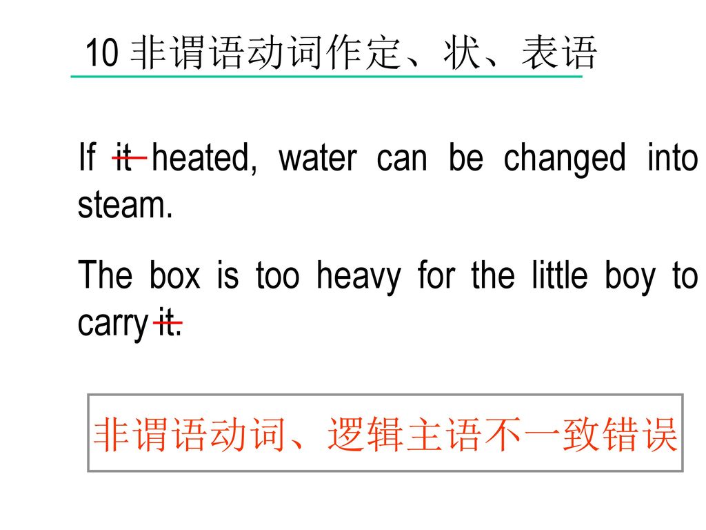 10 非谓语动词作定、状、表语 If it heated, water can be changed into steam. The box is too heavy for the little boy to carry it.