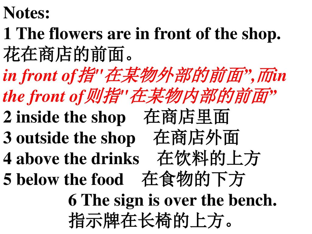 Notes: 1 The flowers are in front of the shop. 花在商店的前面。 in front of指 在某物外部的前面 ,而in the front of则指 在某物内部的前面