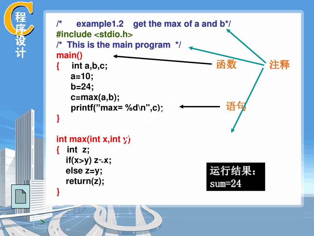 函数 注释 语句 运行结果： sum=24 > /* example1.2 get the max of a and b*/