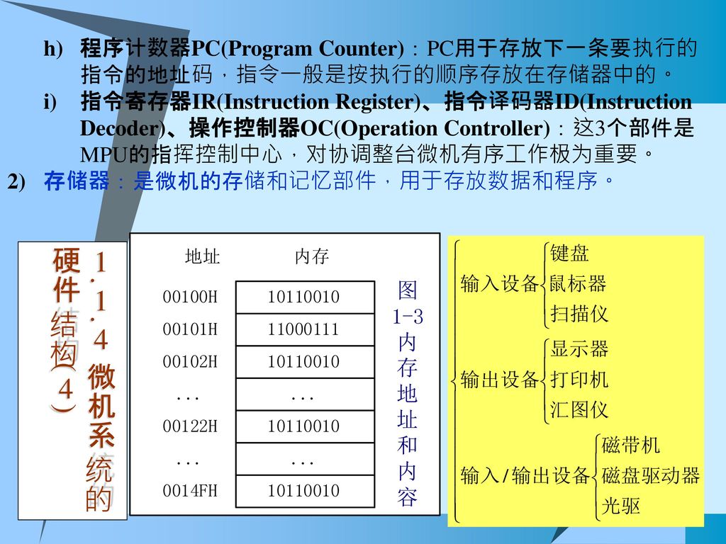 程序计数器PC(Program Counter)：PC用于存放下一条要执行的指令的地址码，指令一般是按执行的顺序存放在存储器中的。