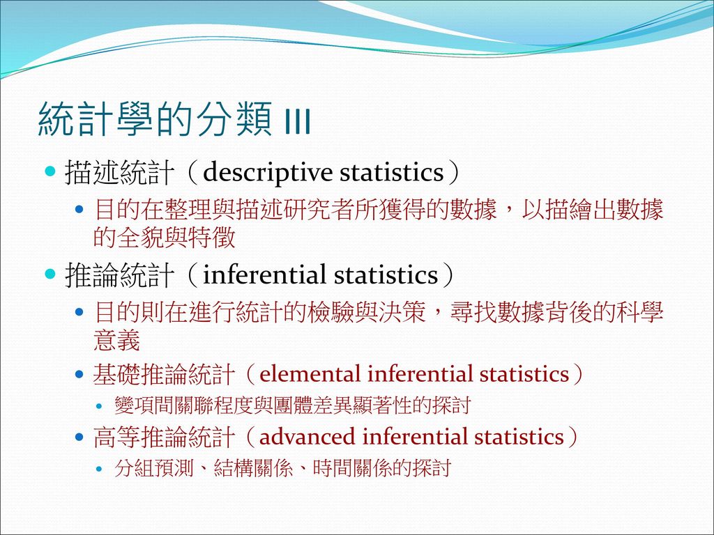 統計學的分類 III 描述統計（descriptive statistics） 推論統計（inferential statistics）