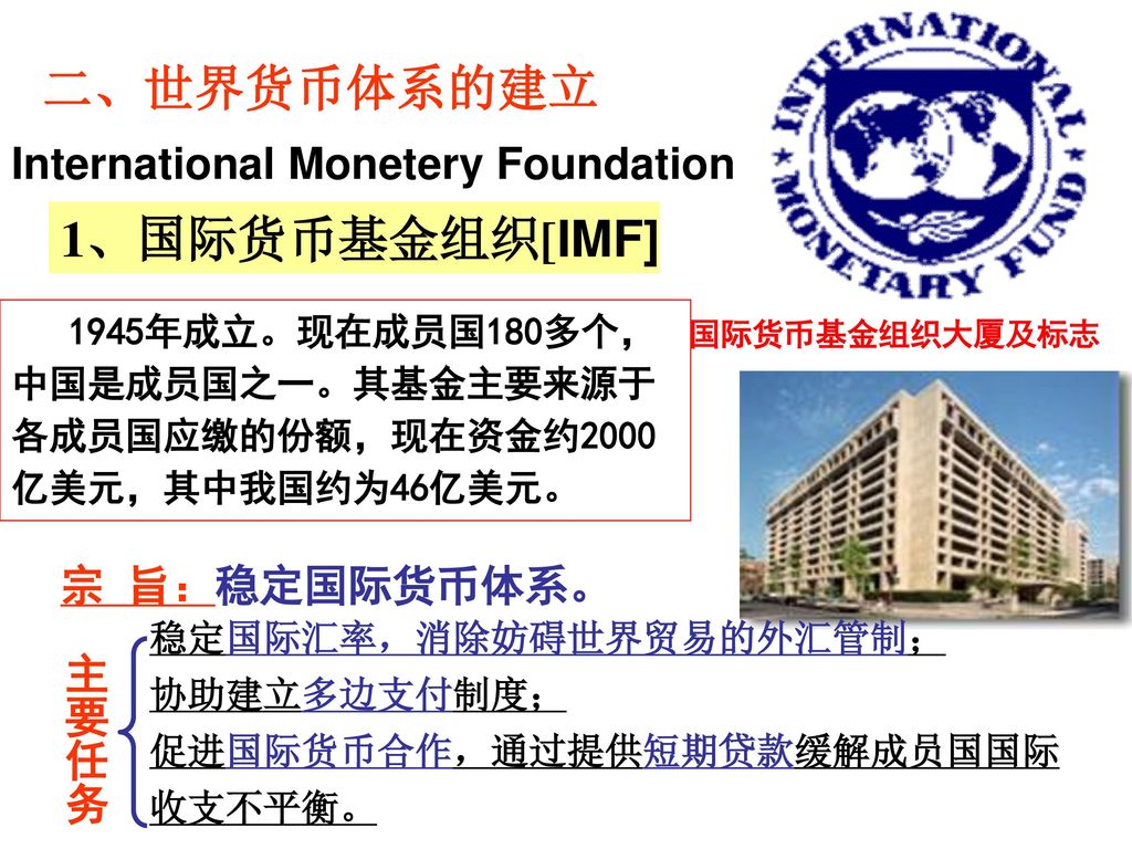 二、世界货币体系的建立 1、国际货币基金组织[IMF] International Monetery Foundation