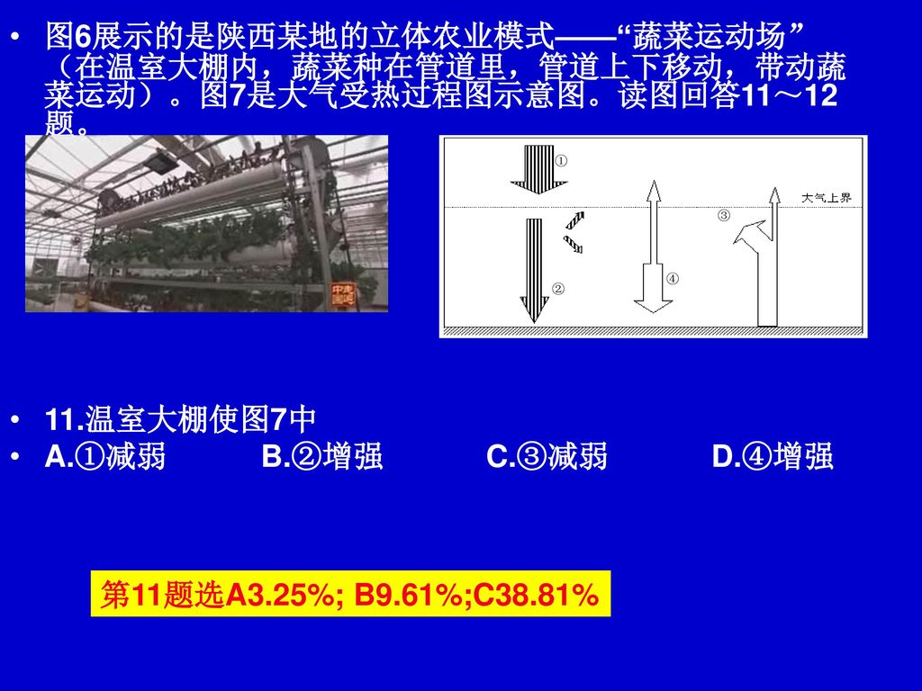 图6展示的是陕西某地的立体农业模式—— 蔬菜运动场 （在温室大棚内，蔬菜种在管道里，管道上下移动，带动蔬菜运动）。图7是大气受热过程图示意图。读图回答11～12题。