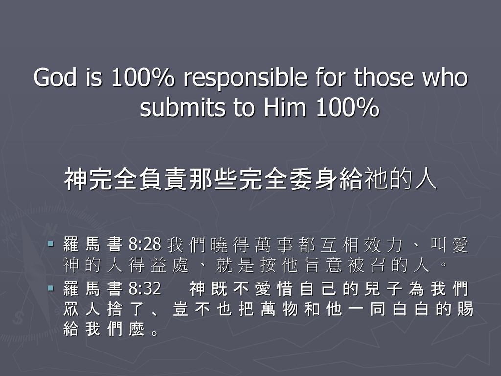 God is 100% responsible for those who submits to Him 100%