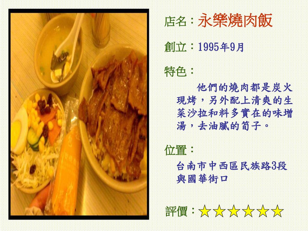 店名：永樂燒肉飯 創立：1995年9月 特色： 位置： 評價：