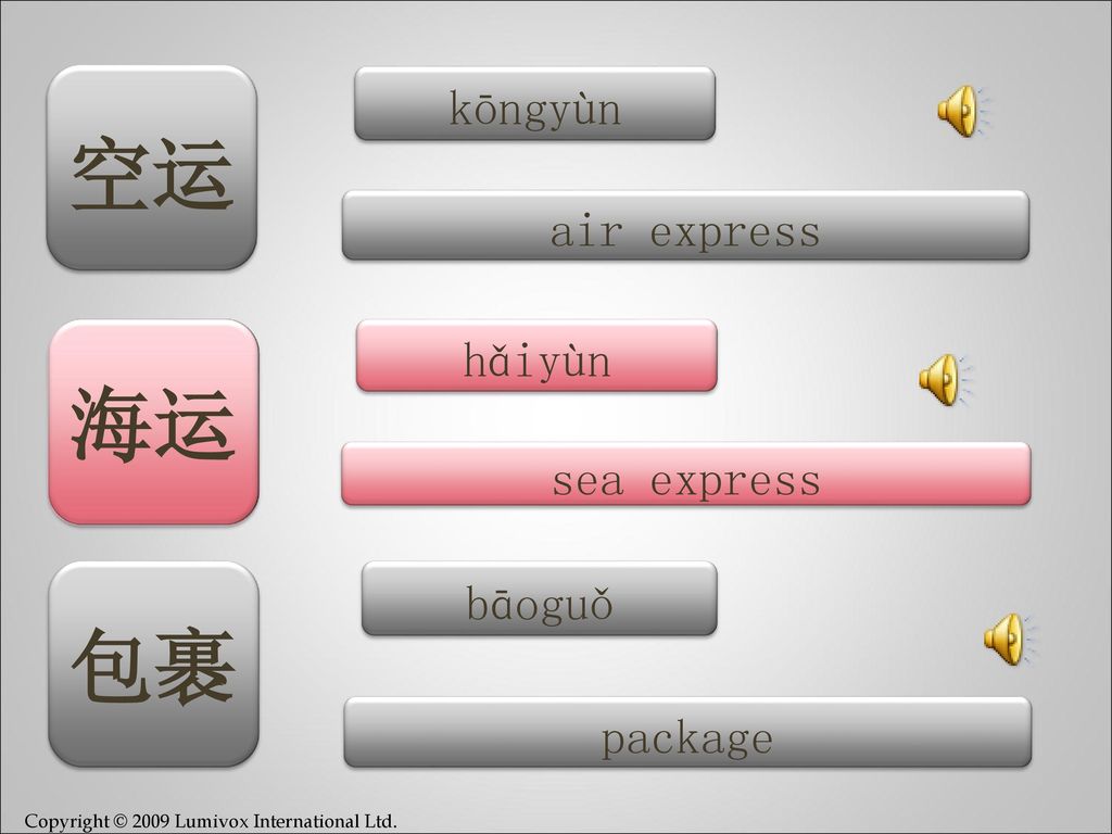 空运 kōngyùn air express 海运 hǎiyùn sea express 包裹 bāoguǒ package 10 10
