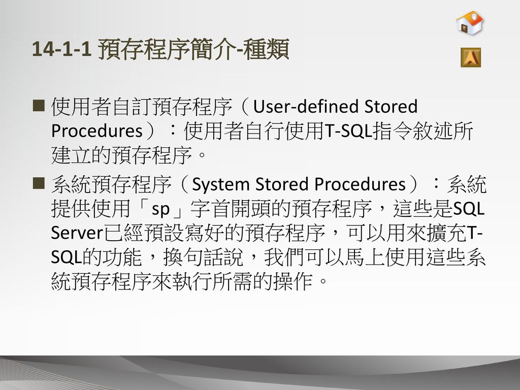 預存程序簡介-種類 使用者自訂預存程序（User-defined Stored Procedures）：使用者自行使用T-SQL指令敘述所建立的預存程序。