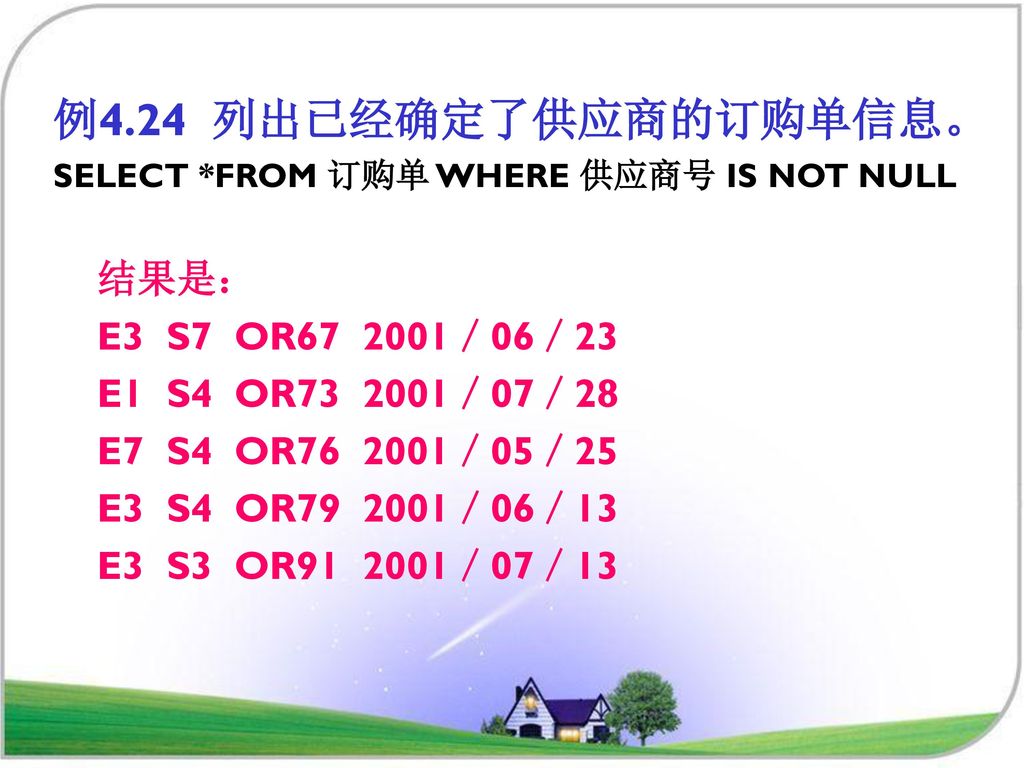 例4.24 列出已经确定了供应商的订购单信息。 结果是： E3 S7 OR ／06／23
