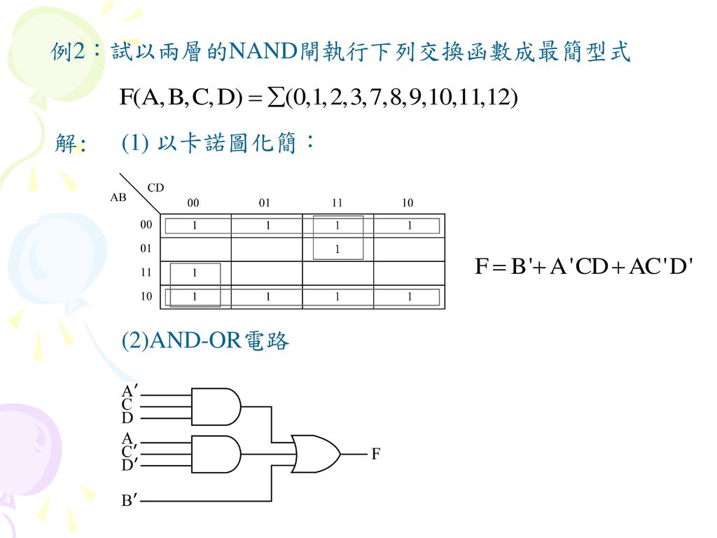 例2：試以兩層的NAND閘執行下列交換函數成最簡型式