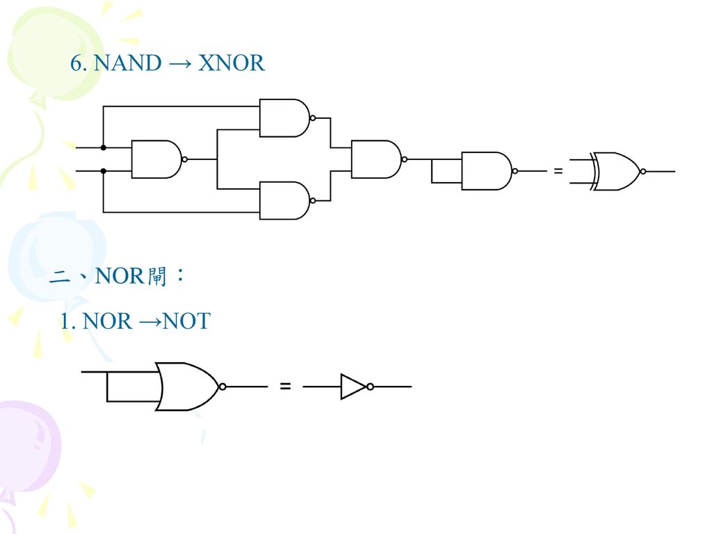 6. NAND → XNOR 二、NOR閘： 1. NOR →NOT
