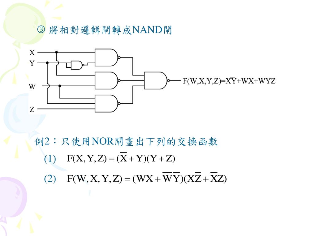  將相對邏輯閘轉成NAND閘 例2：只使用NOR閘畫出下列的交換函數 (1) (2)