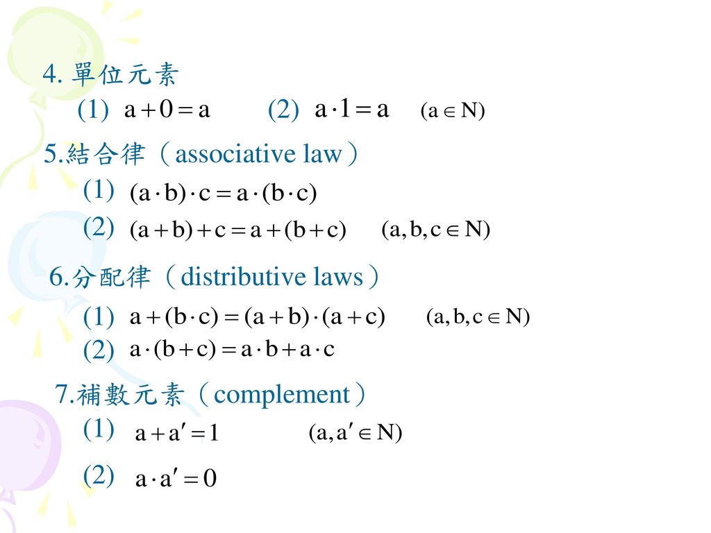 4. 單位元素 (1) (2) 5.結合律（associative law） (1) (2) 6.分配律（distributive laws） (1) (2) 7.補數元素（complement）
