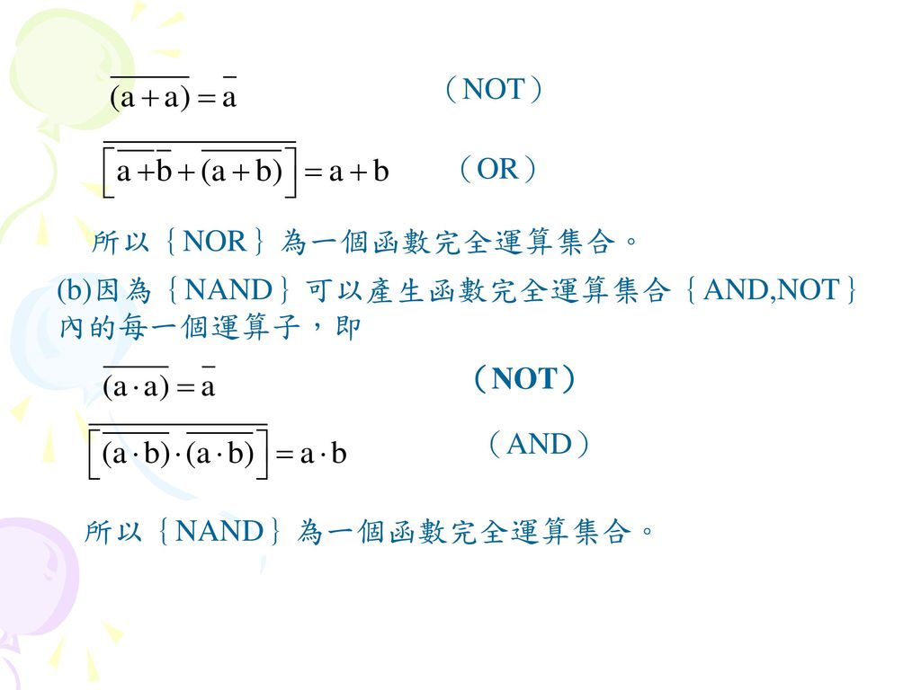 （NOT） （OR） 所以｛NOR｝為一個函數完全運算集合。 (b)因為｛NAND｝可以產生函數完全運算集合｛AND,NOT｝ 內的每一個運算子，即.