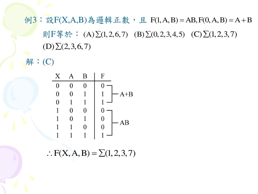 例3：設F(X,A,B)為邏輯正數，且 則F等於： 解：(C)