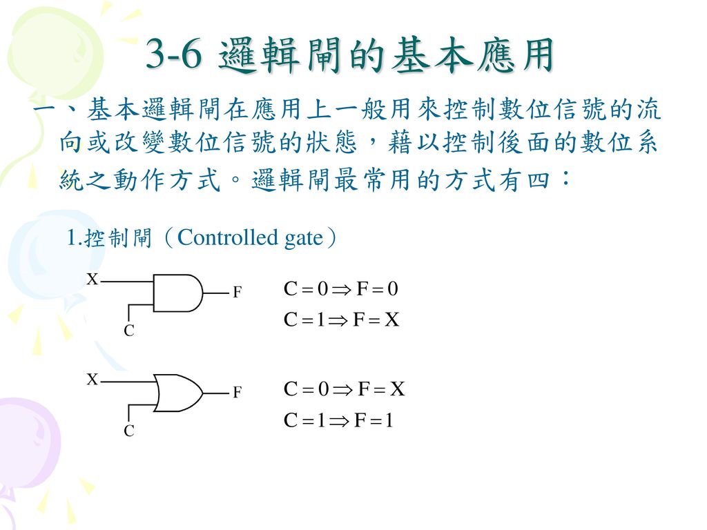 3-6 邏輯閘的基本應用 一、基本邏輯閘在應用上一般用來控制數位信號的流向或改變數位信號的狀態，藉以控制後面的數位系統之動作方式。邏輯閘最常用的方式有四： 1.控制閘（Controlled gate）