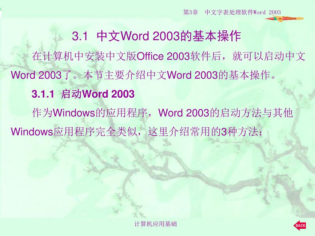 3.1 中文Word 2003的基本操作 在计算机中安装中文版Office 2003软件后，就可以启动中文Word 2003了。本节主要介绍中文Word 2003的基本操作。 启动Word 2003 作为Windows的应用程序，Word 2003的启动方法与其他Windows应用程序完全类似，这里介绍常用的3种方法：
