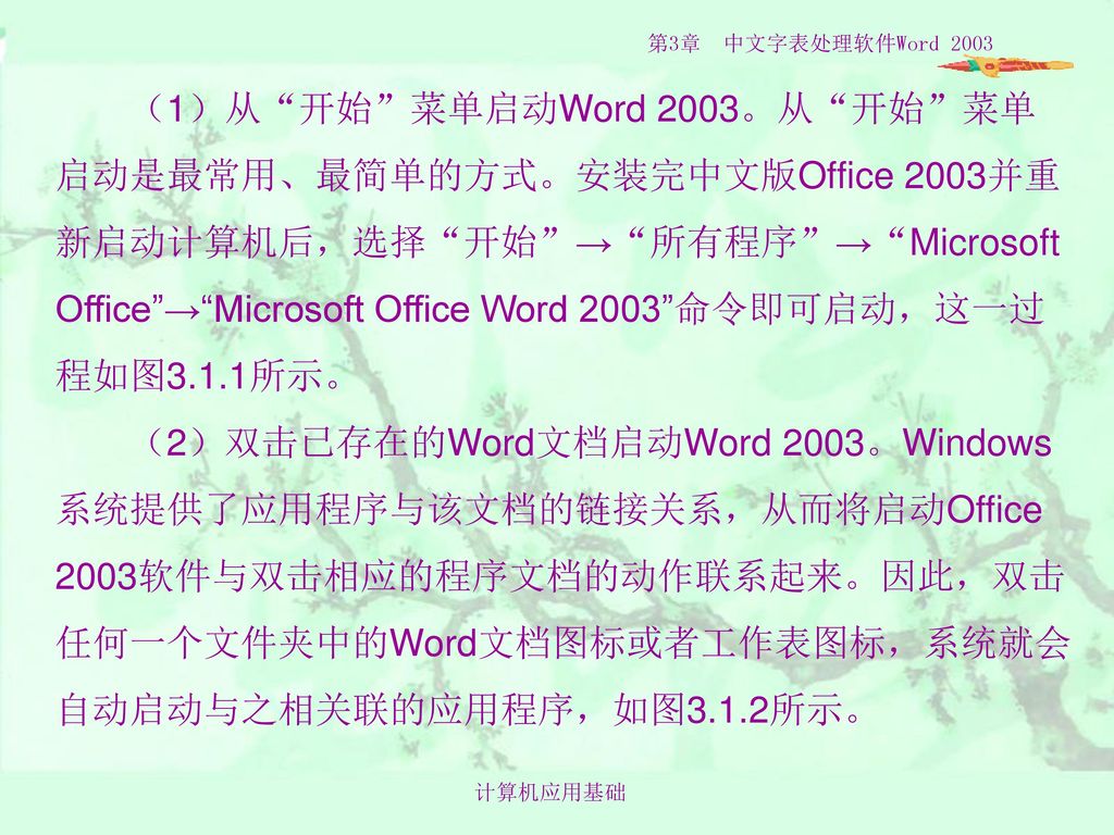 （1）从 开始 菜单启动Word 2003。从 开始 菜单启动是最常用、最简单的方式。安装完中文版Office 2003并重新启动计算机后，选择 开始 → 所有程序 → Microsoft Office → Microsoft Office Word 2003 命令即可启动，这一过程如图3.1.1所示。 （2）双击已存在的Word文档启动Word 2003。Windows系统提供了应用程序与该文档的链接关系，从而将启动Office 2003软件与双击相应的程序文档的动作联系起来。因此，双击任何一个文件夹中的Word文档图标或者工作表图标，系统就会自动启动与之相关联的应用程序，如图3.1.2所示。