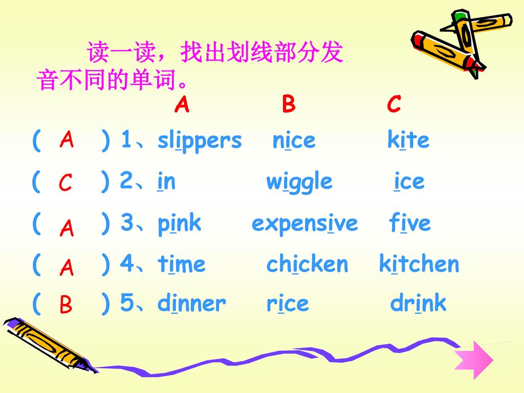 读一读，找出划线部分发音不同的单词。 A B C. ( ) 1、slippers nice kite. A. ( ) 2、in wiggle ice.