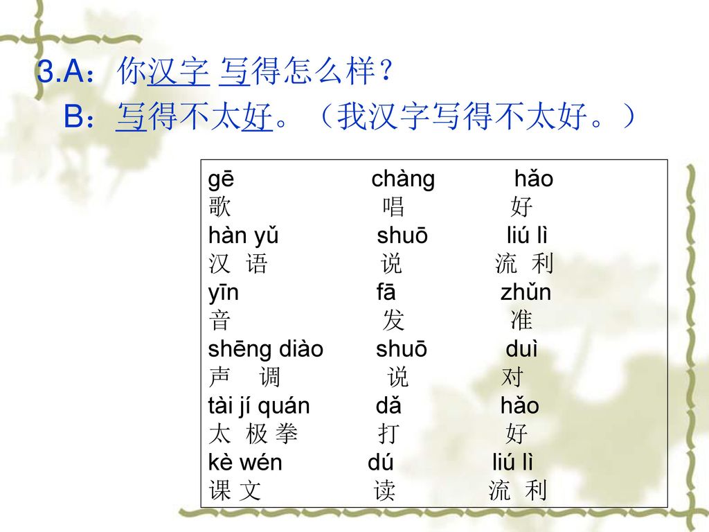 3.A：你汉字 写得怎么样？ B：写得不太好。（我汉字写得不太好。） ɡē chànɡ hǎo 歌 唱 好