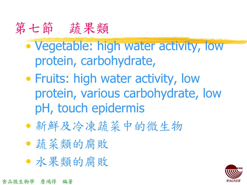 第七節 蔬果類 Vegetable: high water activity, low protein, carbohydrate,