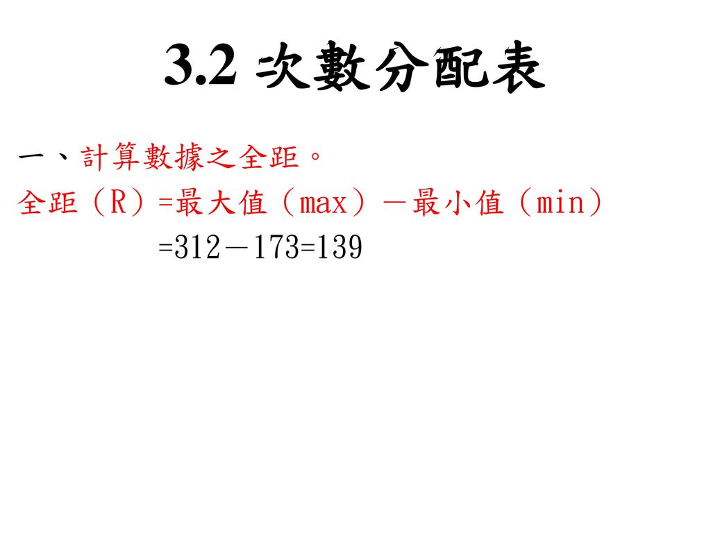 3.2 次數分配表 一、計算數據之全距。 全距（R）=最大值（max）－最小值（min） =312－173=139