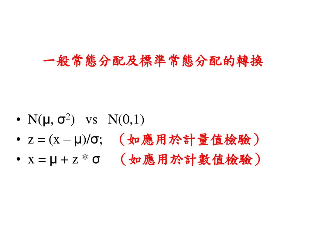 一般常態分配及標準常態分配的轉換 N(μ, σ2) vs N(0,1) z = (x – μ)/σ; （如應用於計量值檢驗） x = μ + z * σ （如應用於計數值檢驗）