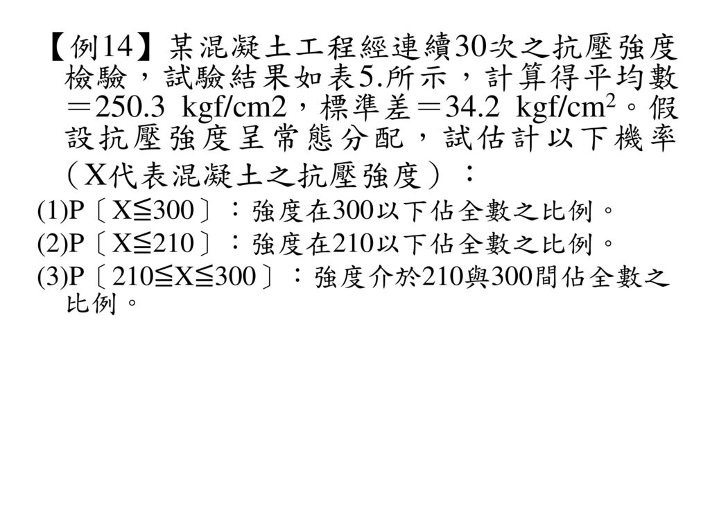 【例14】某混凝土工程經連續30次之抗壓強度檢驗，試驗結果如表5. 所示，計算得平均數＝ kgf/cm2，標準差＝34