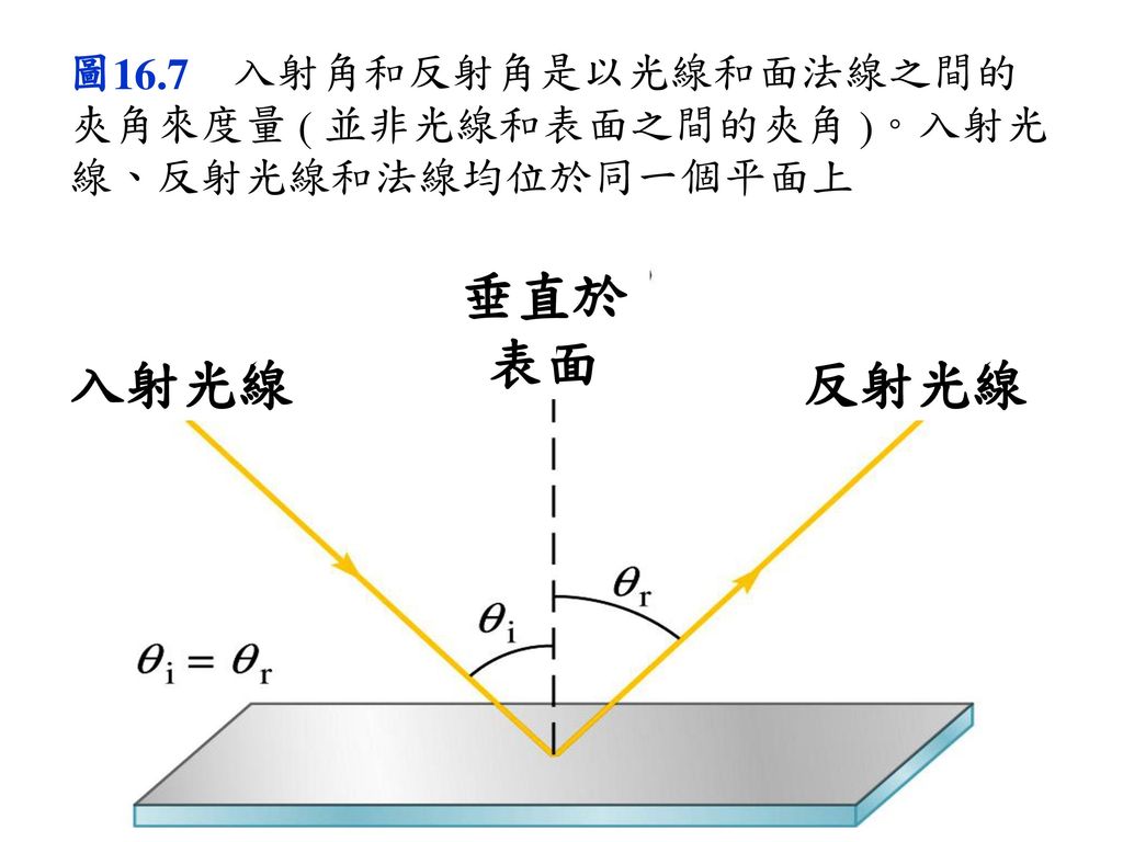 圖16.7 入射角和反射角是以光線和面法線之間的夾角來度量 ( 並非光線和表面之間的夾角 )。入射光線、反射光線和法線均位於同一個平面上