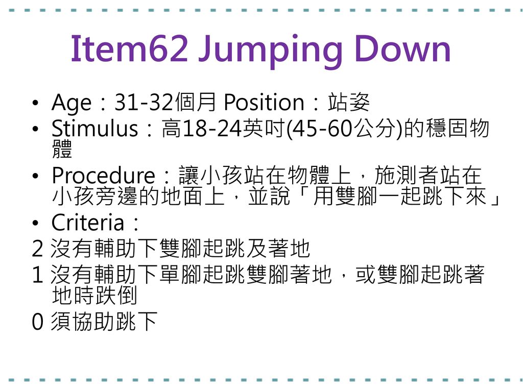 Item62 Jumping Down Age：31-32個月 Position：站姿