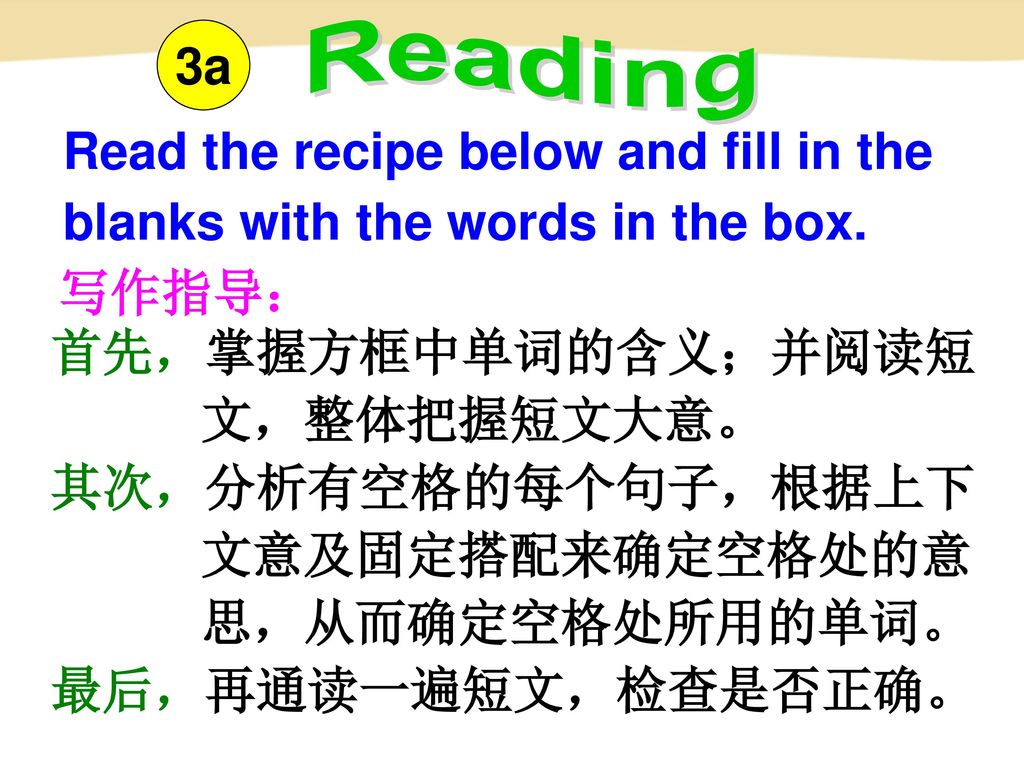 3a Reading. Read the recipe below and fill in the blanks with the words in the box. 写作指导： 首先，掌握方框中单词的含义；并阅读短文，整体把握短文大意。