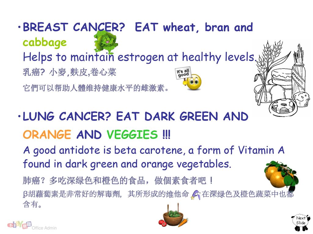 BREAST CANCER EAT wheat, bran and cabbage Helps to maintain estrogen at healthy levels.