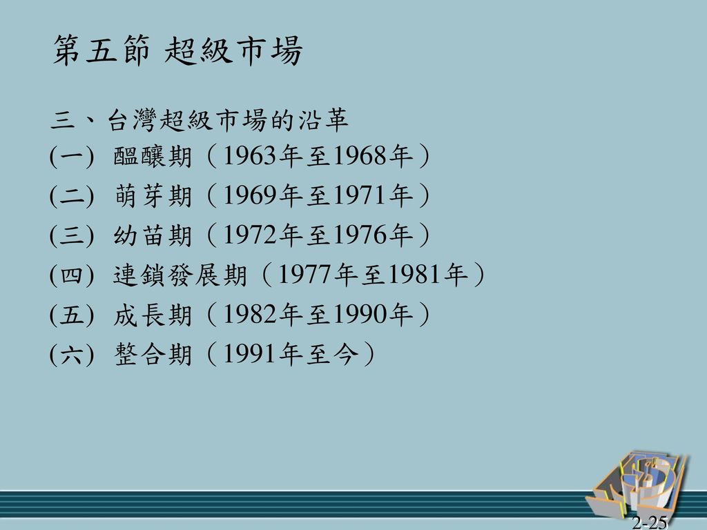 第五節 超級市場 三、台灣超級市場的沿革 (一) 醞釀期（1963年至1968年） (二) 萌芽期（1969年至1971年）