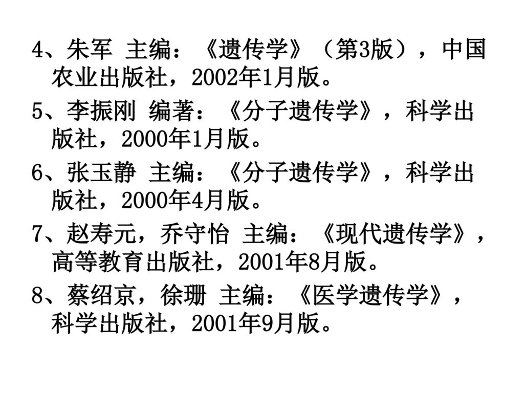 4、朱军 主编：《遗传学》（第3版），中国农业出版社，2002年1月版。