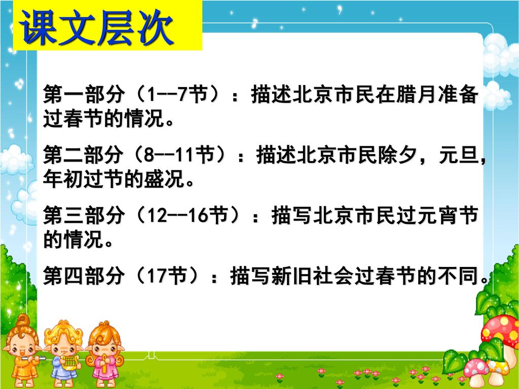 课文层次 第一部分（1--7节）：描述北京市民在腊月准备过春节的情况。 第二部分（8--11节）：描述北京市民除夕，元旦，年初过节的盛况。